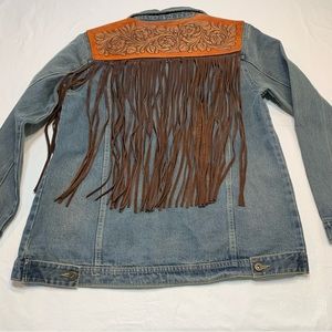 American Darling Leather Fringe Button Front Denim Jean Jacket Women’s XL New